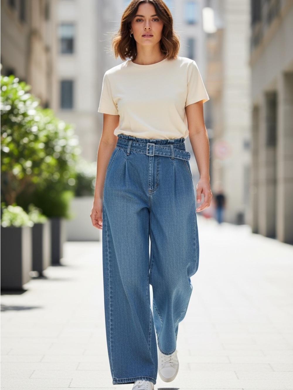 Paper Bag Stylish REVIVAL Wide-Leg Blue Denim Jeans with Self Belt